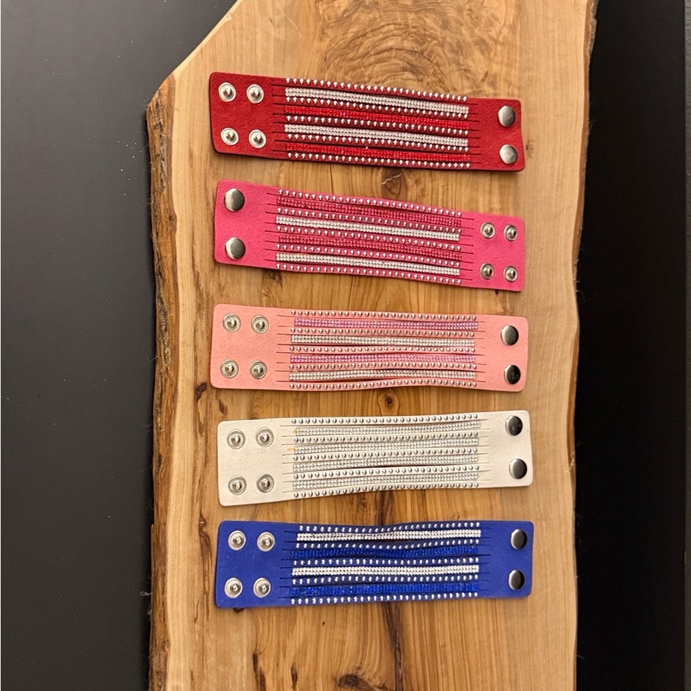 Set of 5 Rhinestone Multi-Row Snap Cuff Bracelets
